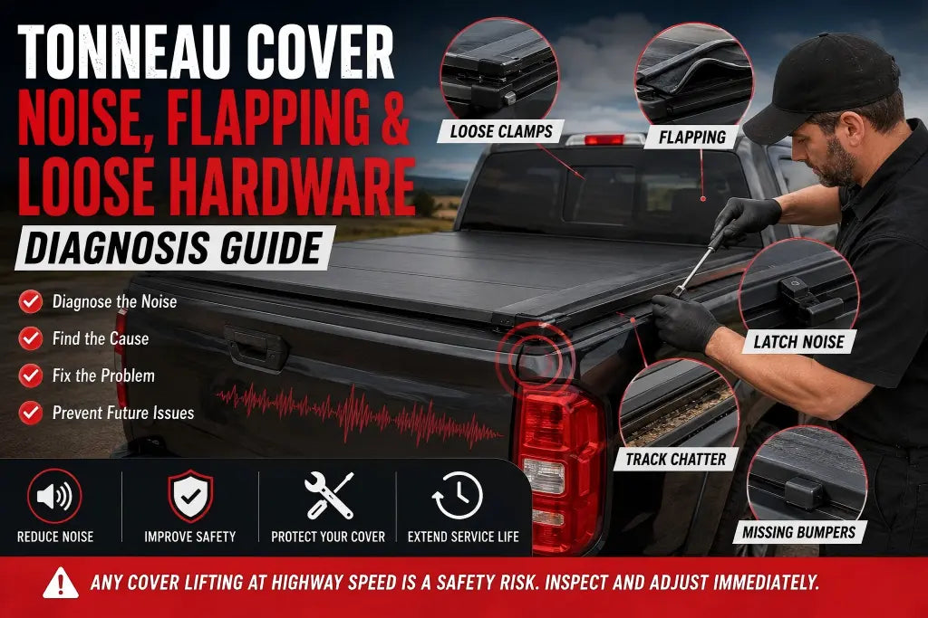 Tonneau cover noise and flapping diagnosis guide showing loose clamps, latch noise, dirty tracks, missing bumpers, and technician inspection points.
