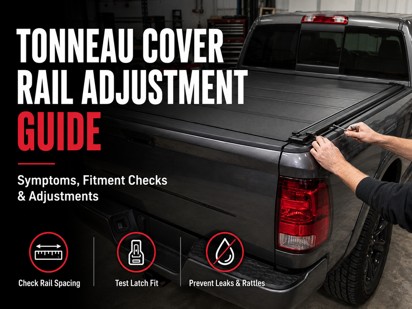 Tonneau cover rail adjustment symptoms comparison showing rails too tight, too loose, uneven alignment, and correct positioning