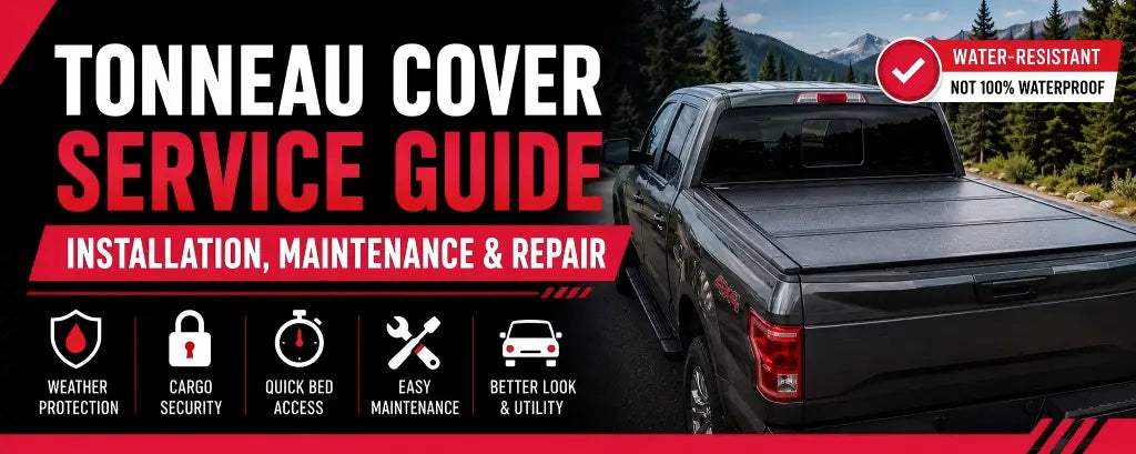 Tonneau cover service guide showing a truck bed cover with installation, maintenance, repair, weather protection, cargo security, and water-resistant design.