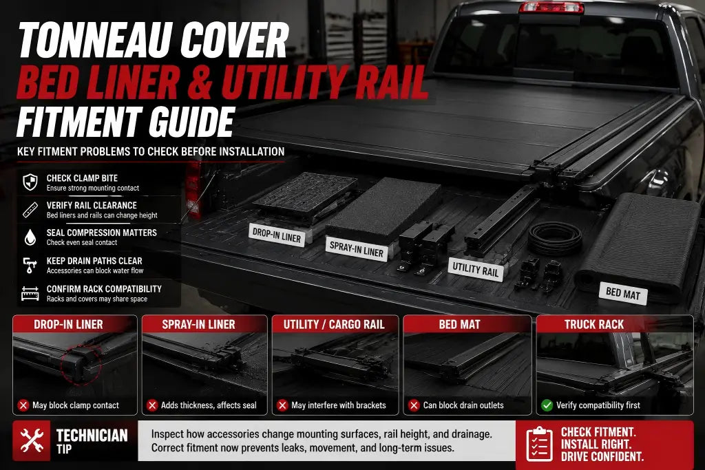 Tonneau cover bed liner and utility rail fitment guide showing clamp contact, rail clearance, seal compression, and accessory compatibility checks