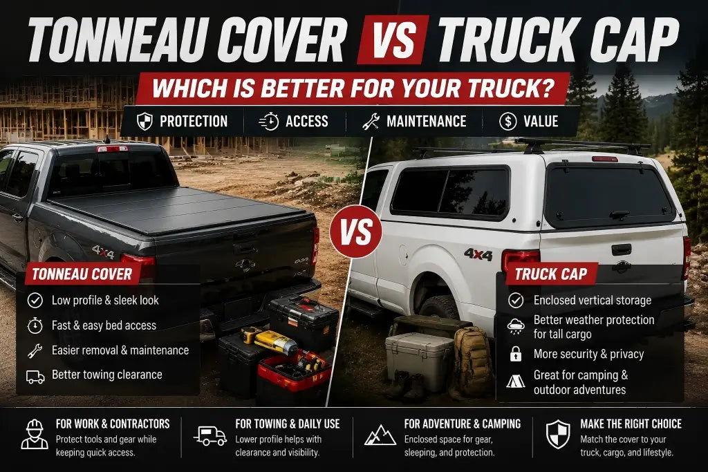 Tonneau cover vs truck cap comparison showing low-profile truck bed protection versus enclosed camper shell storage for work trucks, towing, camping, and cargo needs