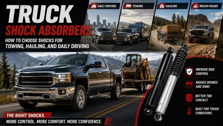 Truck shock absorbers guide showing pickup trucks for daily driving, towing, hauling, rough roads, ride control, bounce reduction, and tire contact.