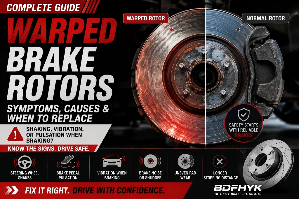 A comprehensive BDFHYK brake guide infographic comparing a glowing red, warped rotor (left) with a normal rotor (right).