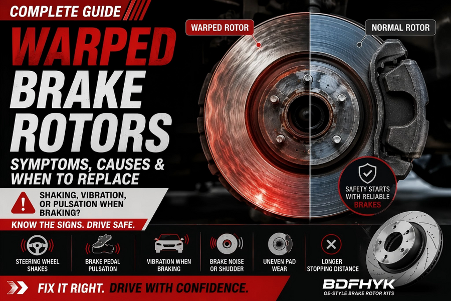 A comprehensive BDFHYK brake guide infographic comparing a glowing red, warped rotor (left) with a normal rotor (right).