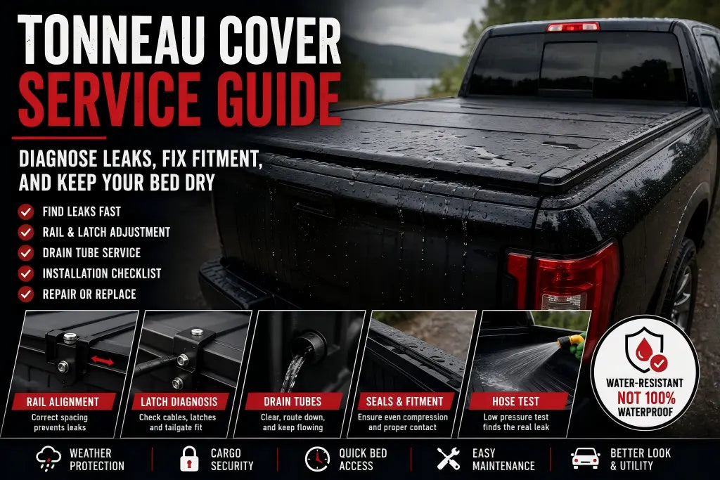 Tonneau cover leaking guide showing rain on a truck bed cover, rail alignment, latch diagnosis, drain tubes, seal fitment, and low-pressure hose testing.