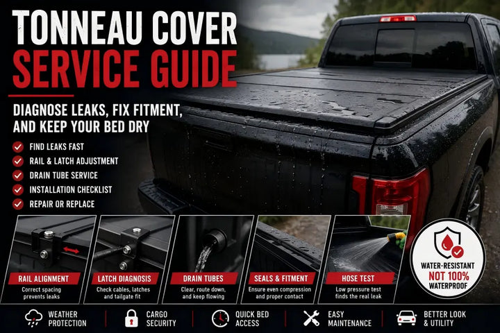 Tonneau cover leaking guide showing rain on a truck bed cover, rail alignment, latch diagnosis, drain tubes, seal fitment, and low-pressure hose testing.