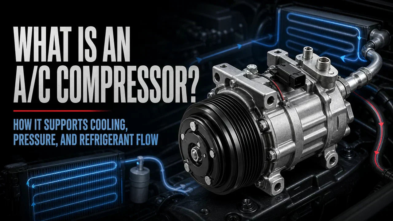 Car A/C compressor guide showing the compressor pulley, clutch, refrigerant ports, electrical connector, and refrigerant flow inside an automotive air conditioning system.