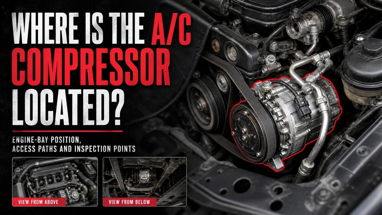 A/C compressor location in a car engine bay showing the compressor pulley, serpentine belt, refrigerant lines, electrical connector, and lower accessory-drive position.