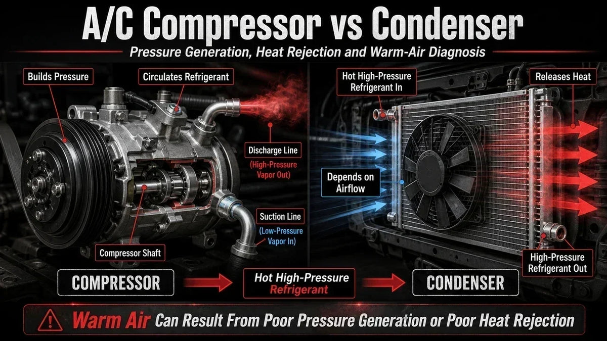 A/C compressor and condenser comparison showing refrigerant pressure generation, high-pressure flow, condenser heat rejection, cooling-fan airflow, and warm-air diagnosis.