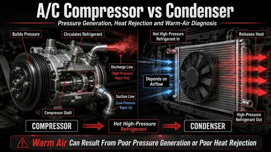 A/C compressor and condenser comparison showing refrigerant pressure generation, high-pressure flow, condenser heat rejection, cooling-fan airflow, and warm-air diagnosis.