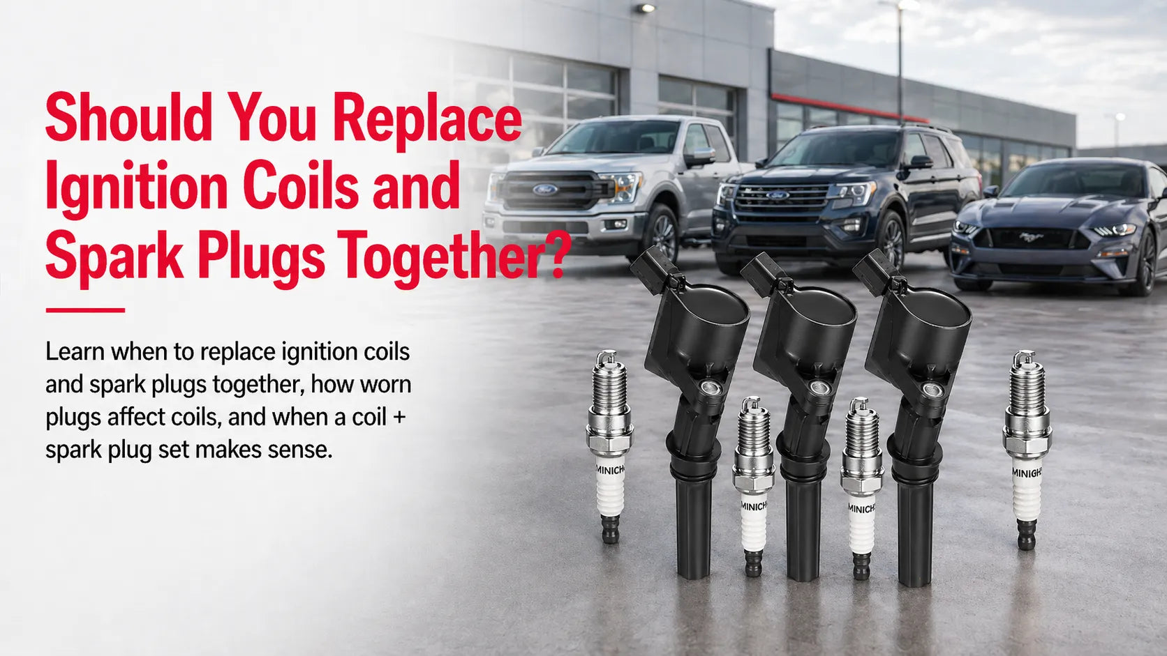 Educational graphic asking 'Should You Replace Ignition Coils and Spark Plugs Together?' with a row of high-quality ignition coils and spark plugs in front of a modern automotive dealership background.