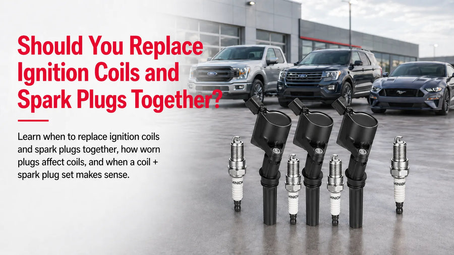Educational graphic asking 'Should You Replace Ignition Coils and Spark Plugs Together?' with a row of high-quality ignition coils and spark plugs in front of a modern automotive dealership background.