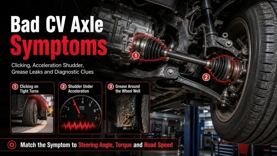 Bad CV axle symptoms diagram showing the inner CV joint, outer CV joint, axle shaft, torn boot, grease leak, clicking during turns, and acceleration shudder.