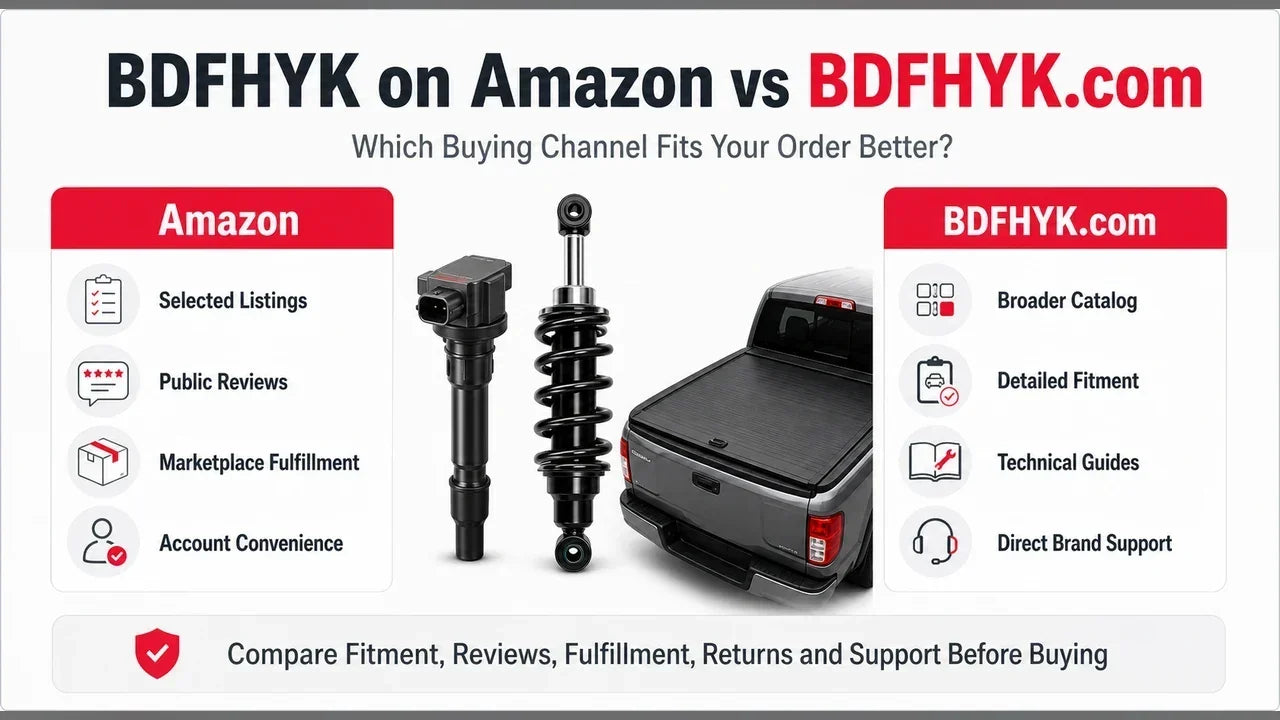 BDFHYK Amazon versus BDFHYK.com buying comparison showing product selection, reviews, fitment information, fulfillment, returns, and direct support.