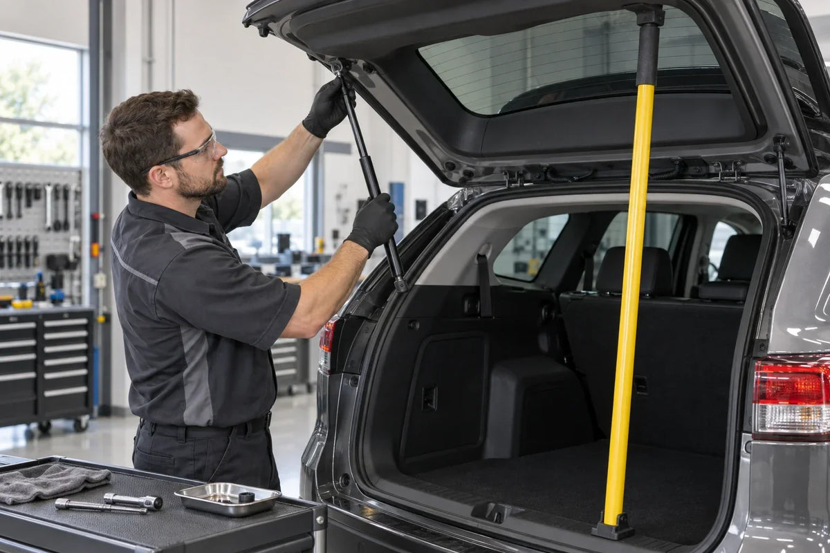 Technician safely removing a rear hatch gas spring while the hatch is secured with a rigid support prop.