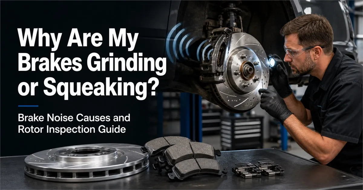 A professional automotive mechanic wearing safety glasses uses a flashlight to inspect a drilled and slotted brake rotor on a vehicle in a repair shop.
