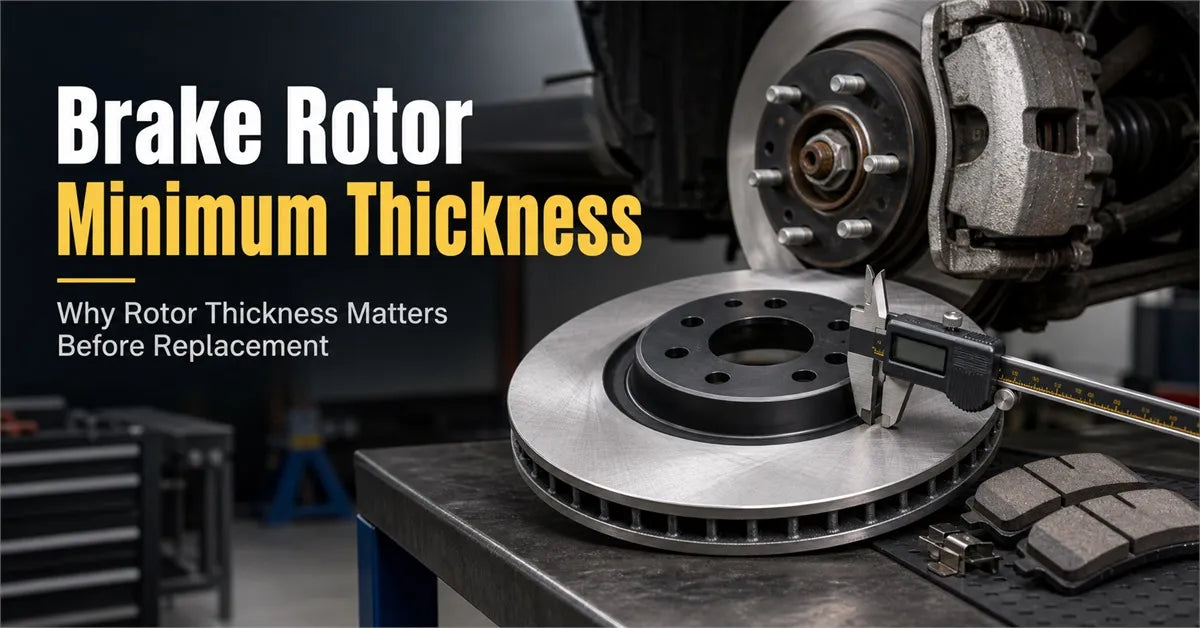 A professional automotive brake service workspace featuring a new disc brake rotor on a workbench. 