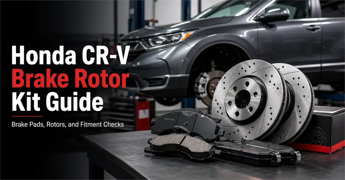 Honda CR-V brake rotor kit guide showing premium drilled and slotted brake rotors alongside high-performance ceramic brake pads on a garage workshop table with an SUV on a lift.