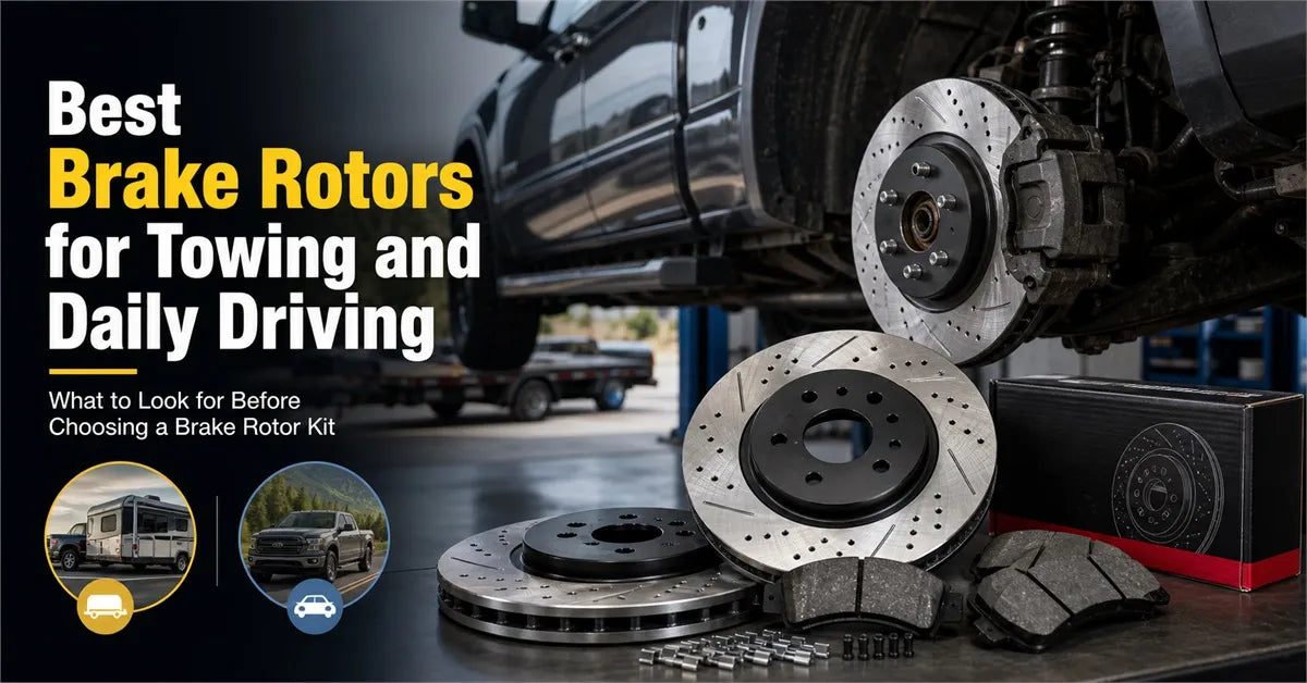 Best brake rotors for towing and daily driving presentation showcasing premium front drilled and slotted brake rotors alongside high-friction ceramic brake pads on a garage workshop floor with a truck on a lift.