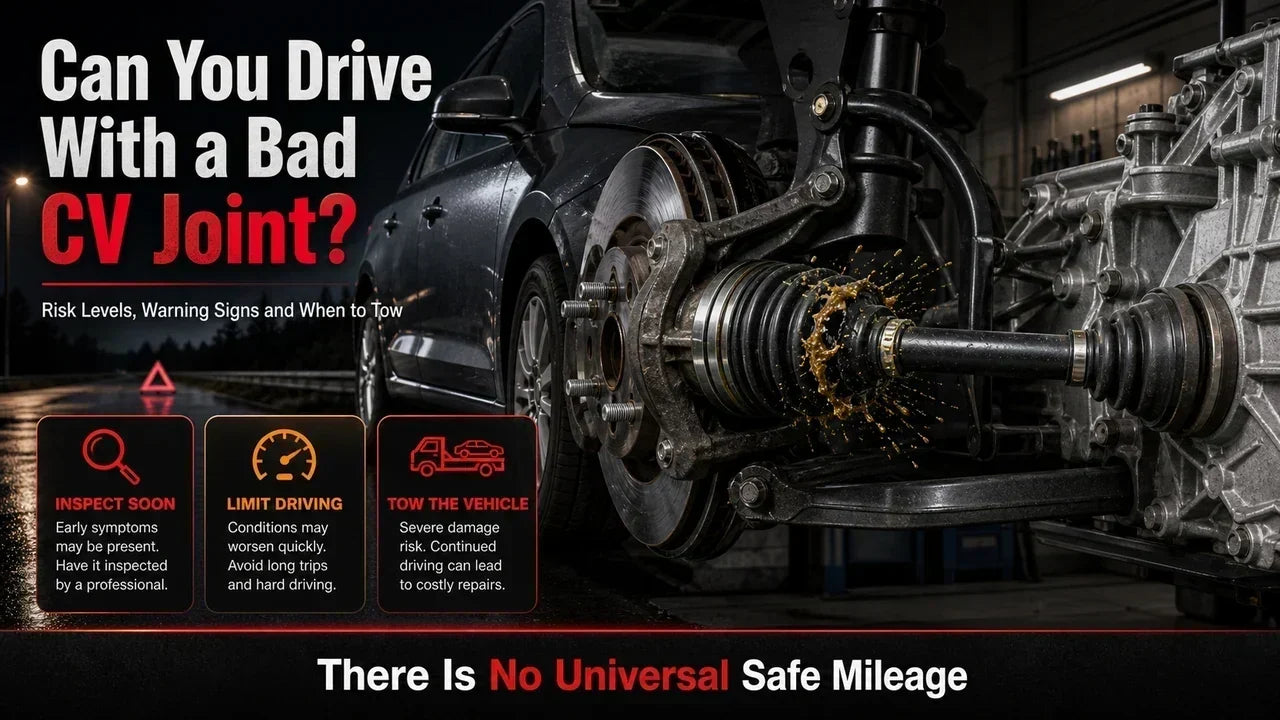 Bad CV joint driving-risk guide showing a torn boot, grease leak, clicking joint, acceleration vibration, axle displacement, and inspection versus towing decisions.