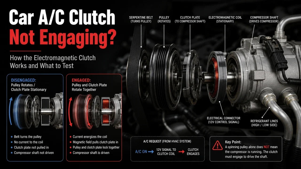 Car A/C compressor clutch showing the pulley, clutch plate, electromagnetic coil, compressor shaft, serpentine belt, and engaged versus disengaged operation.