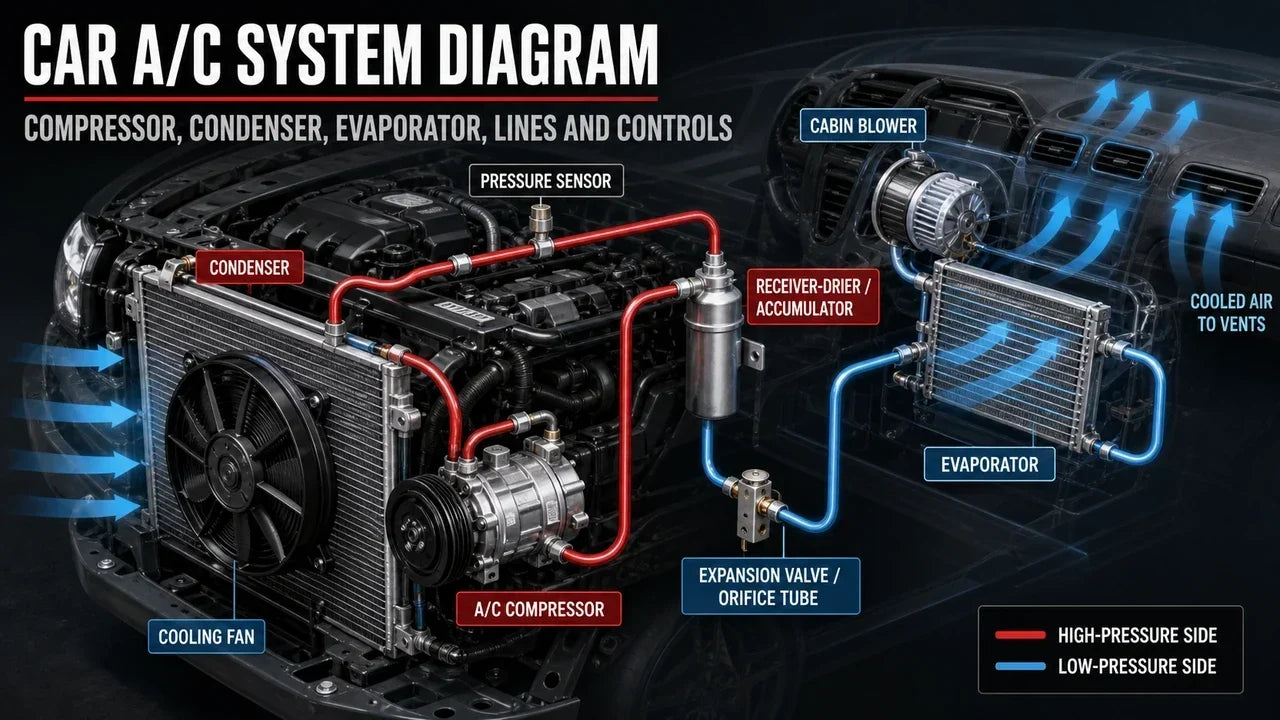 Car A/C system diagram showing the compressor, condenser, expansion device, evaporator, refrigerant lines, cooling fan, blower, and high- and low-pressure sides.