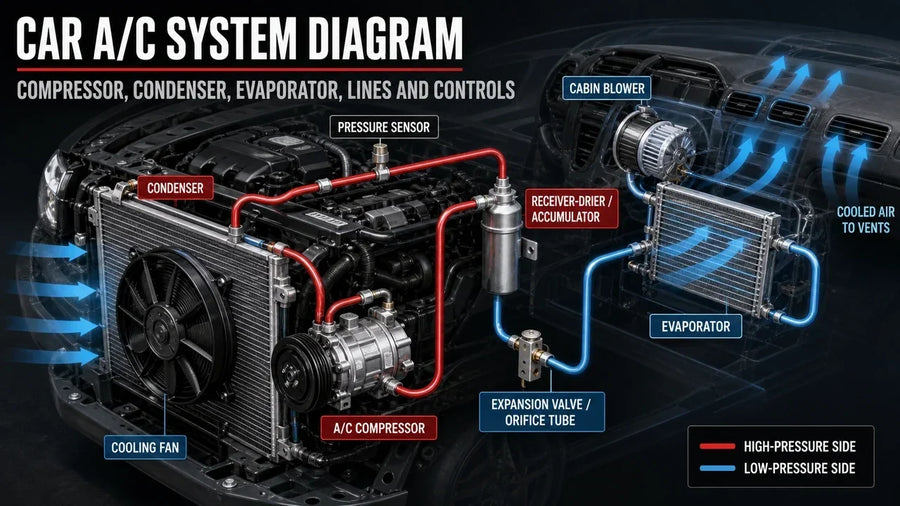 Car A/C system diagram showing the compressor, condenser, expansion device, evaporator, refrigerant lines, cooling fan, blower, and high- and low-pressure sides.