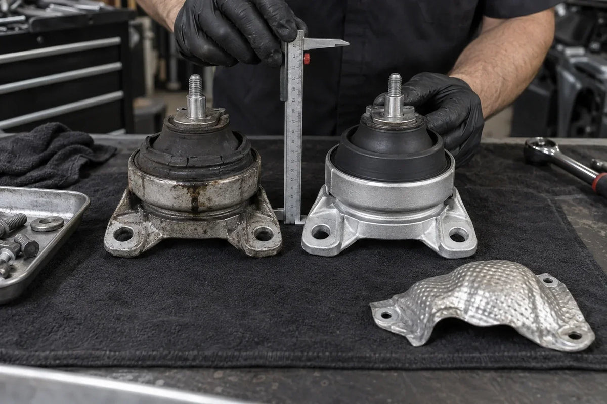 Mechanic comparing an old collapsed hydraulic engine mount with a replacement mount, checking height, mounting holes, and transferable hardware.