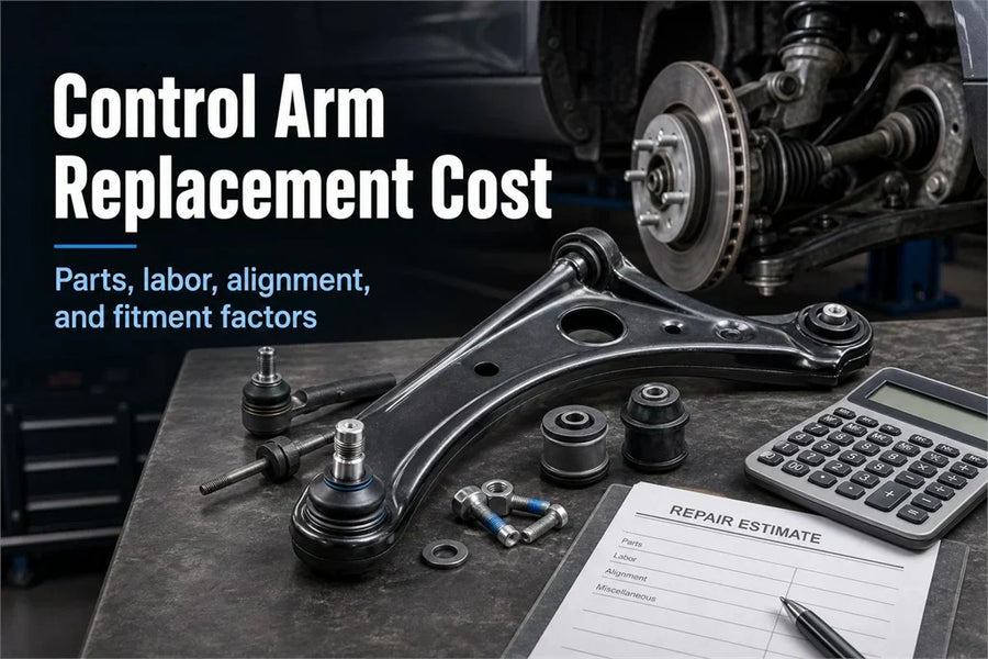A front lower control arm assembly, new bushings, and a ball joint laid out on a mechanic garage worktable next to a vehicle repair estimate clipboard and a calculator, illustrating control arm replacement cost factors.