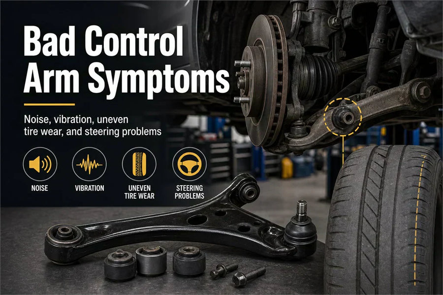 A car wheel assembly exposed on a mechanic lift illustrating bad control arm symptoms, with icons highlighting suspension noise, steering wheel vibration, uneven tire wear, and steering steering problems.