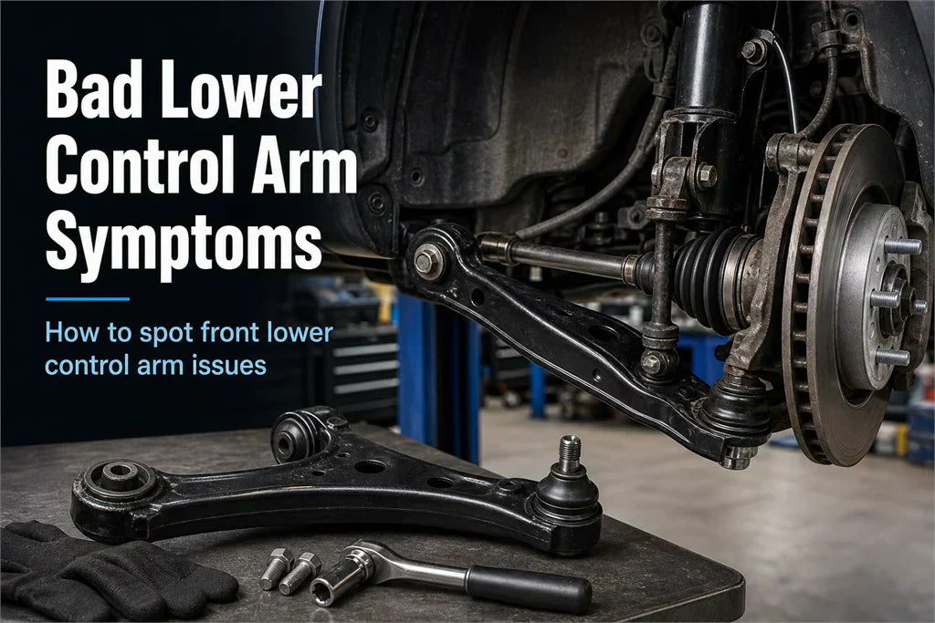 An automotive mechanic inspecting a vehicle suspension system under a car lift, illustrating front bad lower control arm symptoms.