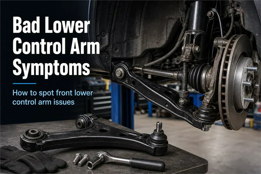 An automotive mechanic inspecting a vehicle suspension system under a car lift, illustrating front bad lower control arm symptoms.