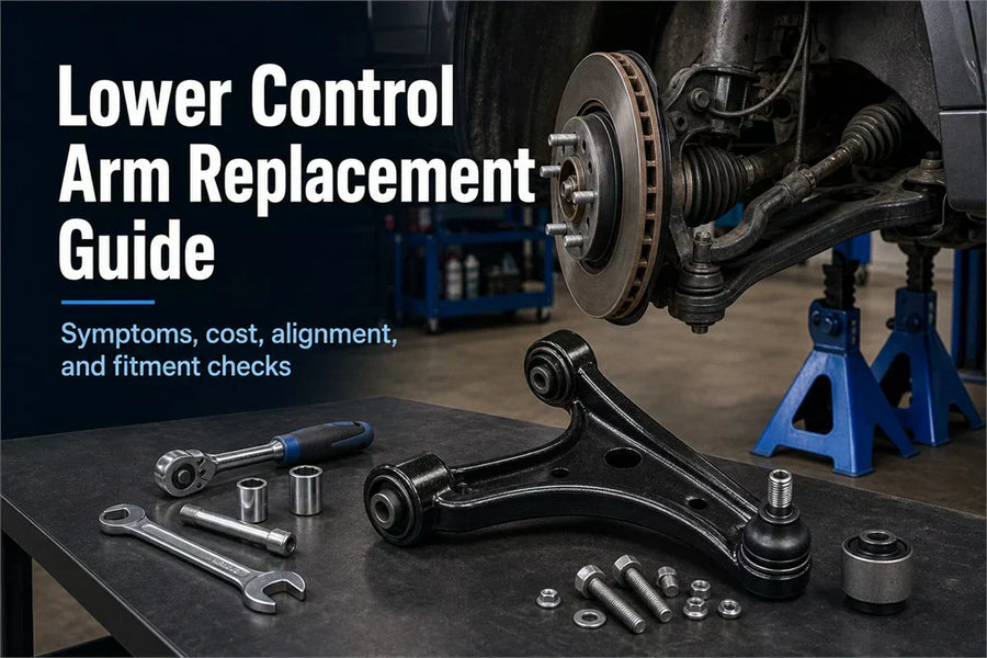 A hero image for a lower control arm replacement guide, featuring a brand new front lower control arm, fasteners, and wrenches on a workshop table. In the background, a car is raised on jack stands with its wheel removed, exposing the front suspension.