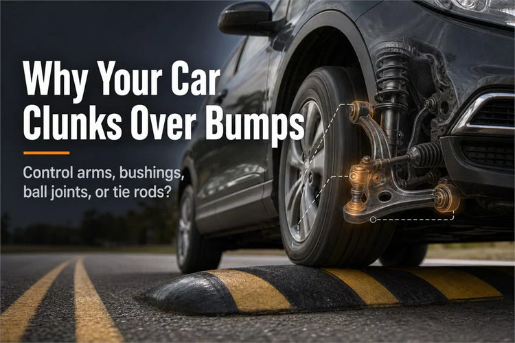 Car front suspension over a road bump showing control arms, bushings, ball joints, and tie rods as possible causes of clunking noise