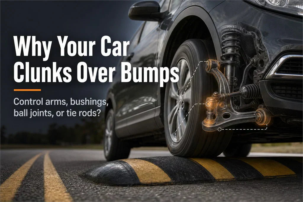 Car front suspension over a road bump showing control arms, bushings, ball joints, and tie rods as possible causes of clunking noise