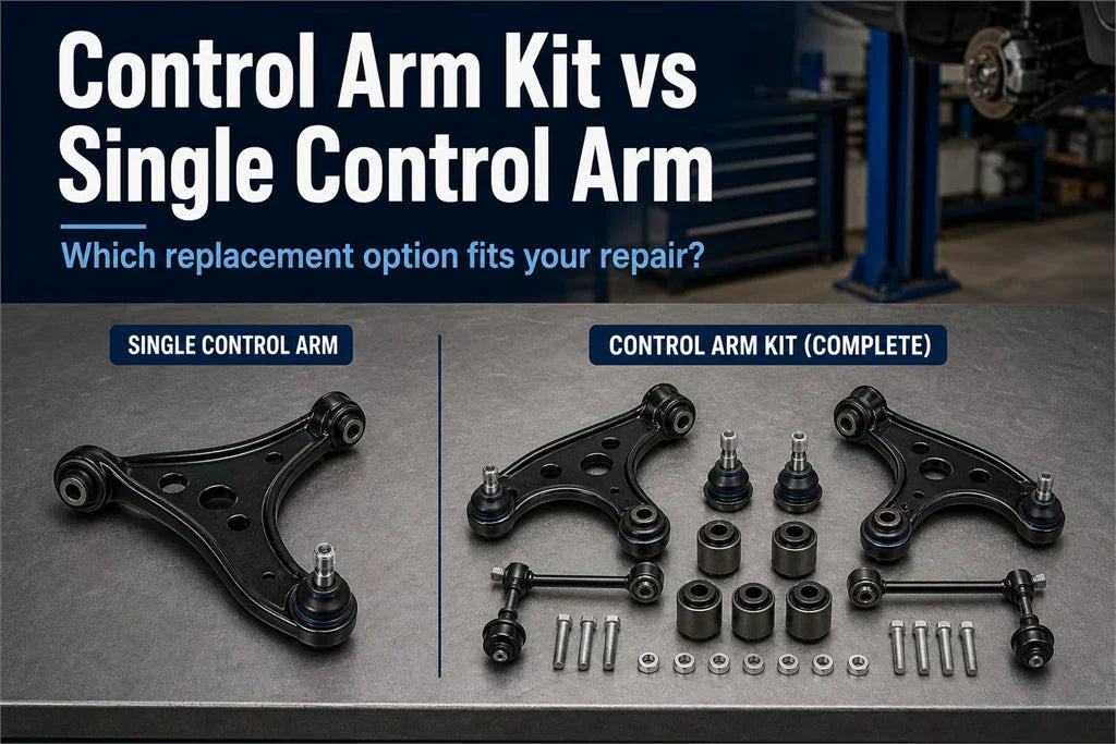 Side-by-side comparison of a single front lower control arm versus a complete multi-piece control arm kit with sway bar links, ball joints, and installation bolts.