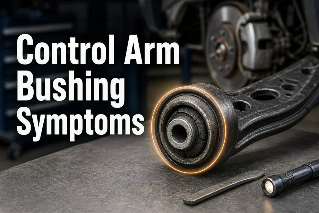 Control arm bushing symptoms image showing a worn bushing on a control arm during suspension inspection