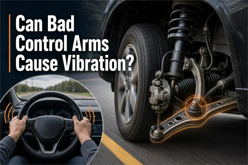Bad control arm causing steering wheel vibration with front suspension and worn bushing area highlighted