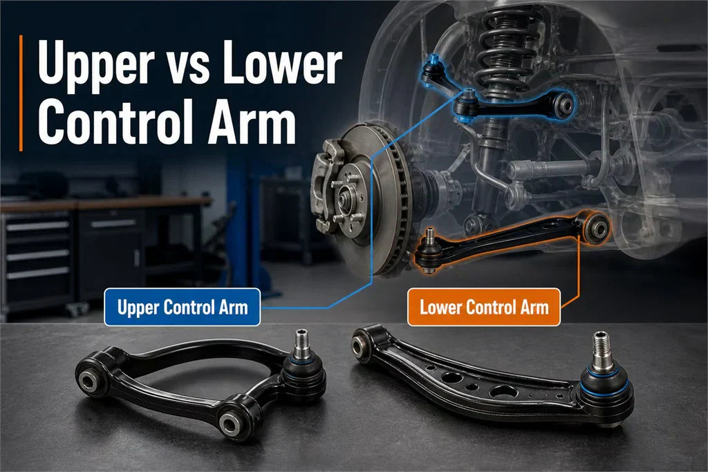 Upper vs lower control arm comparison showing their positions, shapes, bushings, and ball joints in a vehicle front suspension