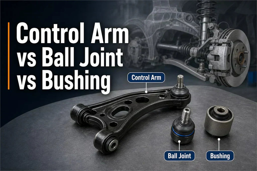 Control arm vs ball joint vs bushing comparison showing the three front suspension components and their differences