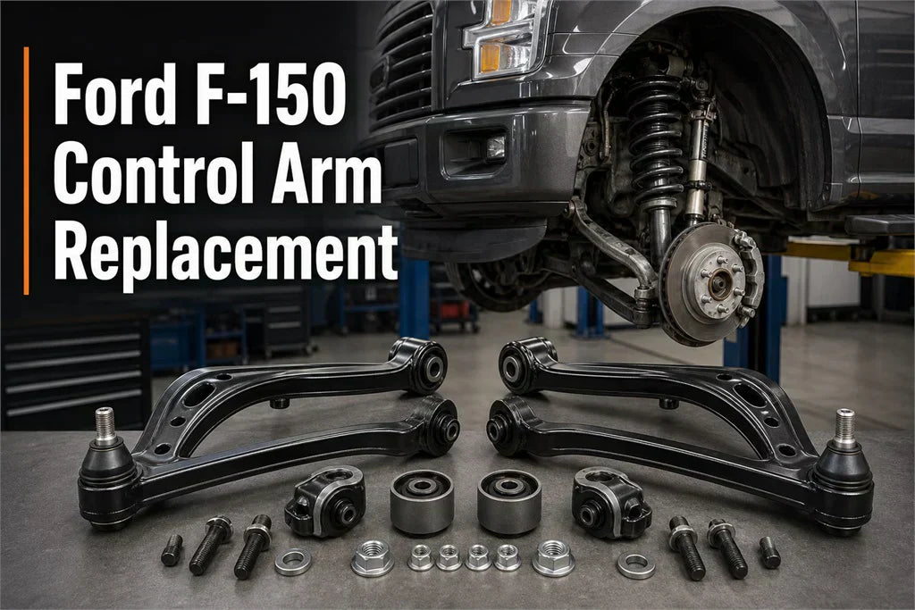Ford F-150 control arm replacement guide showing front suspension parts, control arms, bushings, ball joints, and hardware