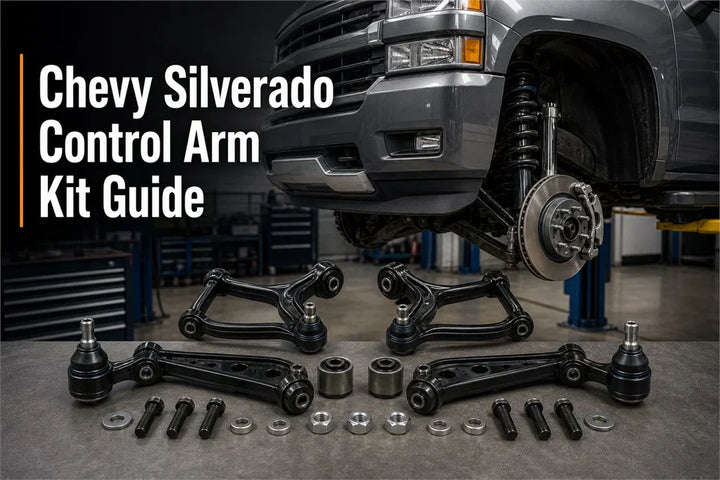 Chevy Silverado control arm kit guide showing front suspension parts, upper and lower control arms, bushings, ball joints, and hardware