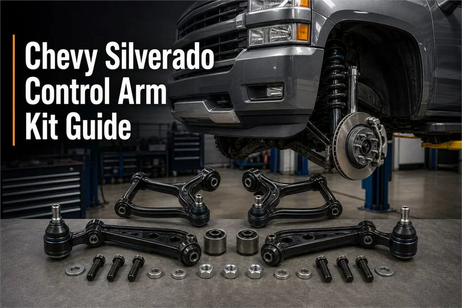 Chevy Silverado control arm kit guide showing front suspension parts, upper and lower control arms, bushings, ball joints, and hardware
