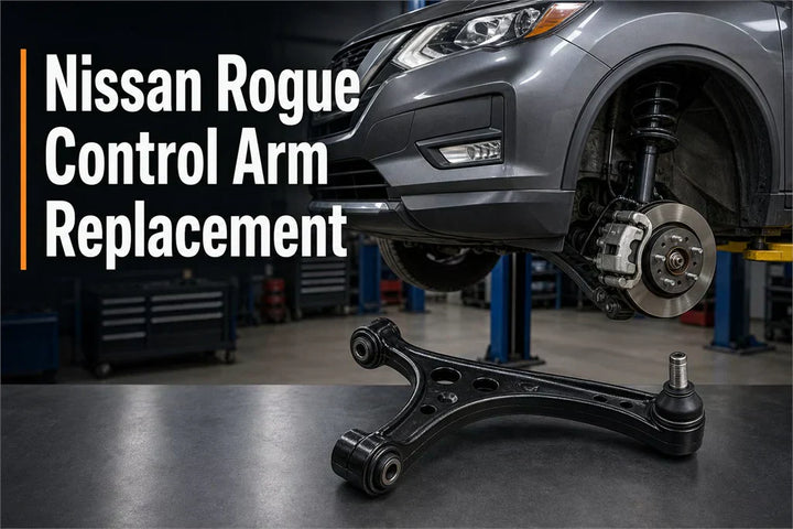 Nissan Rogue control arm replacement guide image with front lower control arm and suspension assembly