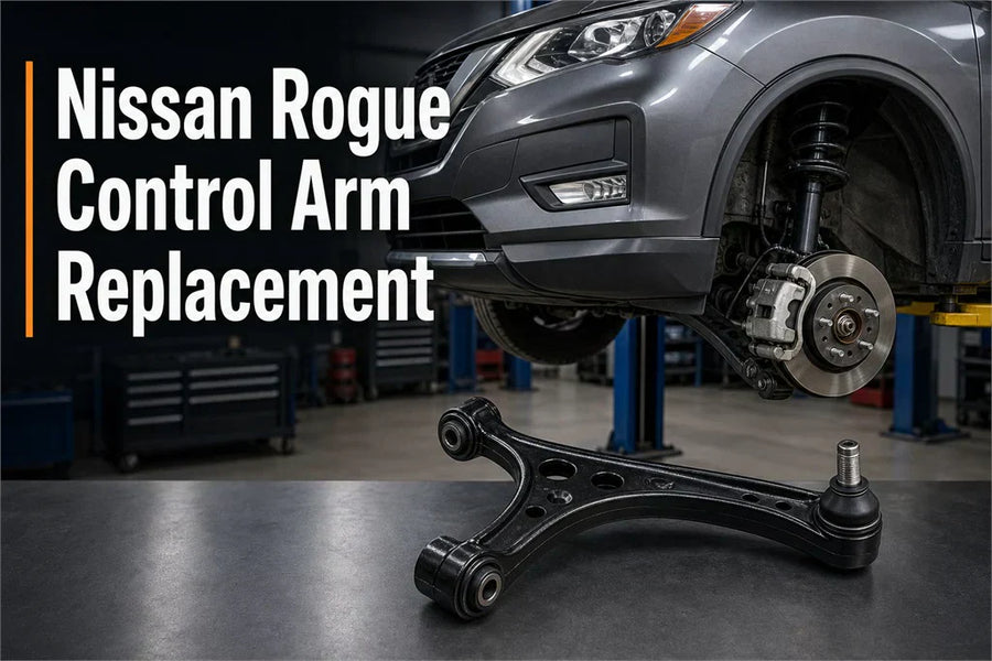 Nissan Rogue control arm replacement guide image with front lower control arm and suspension assembly