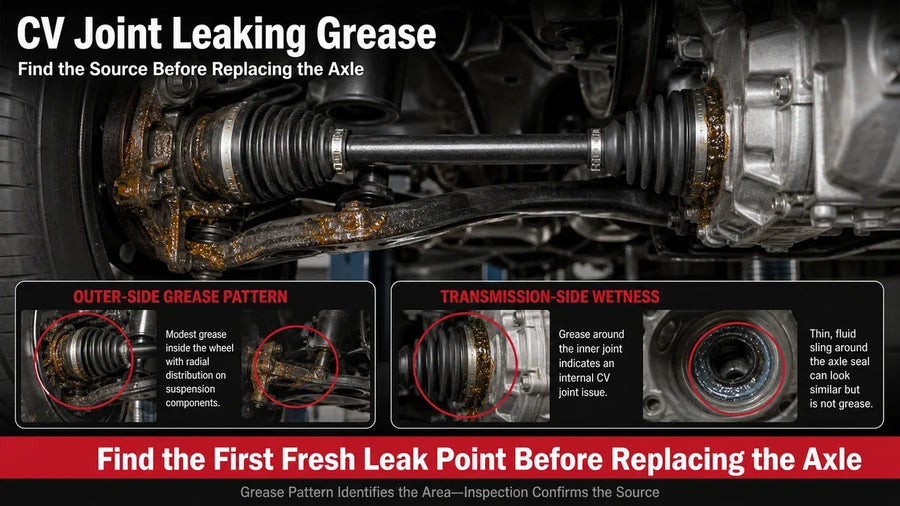 CV joint grease-leak diagnosis showing outer wheel-side spray, inner transmission-side wetness, CV boots, clamps, axle shaft, wheel hub, and axle-seal leak comparison.