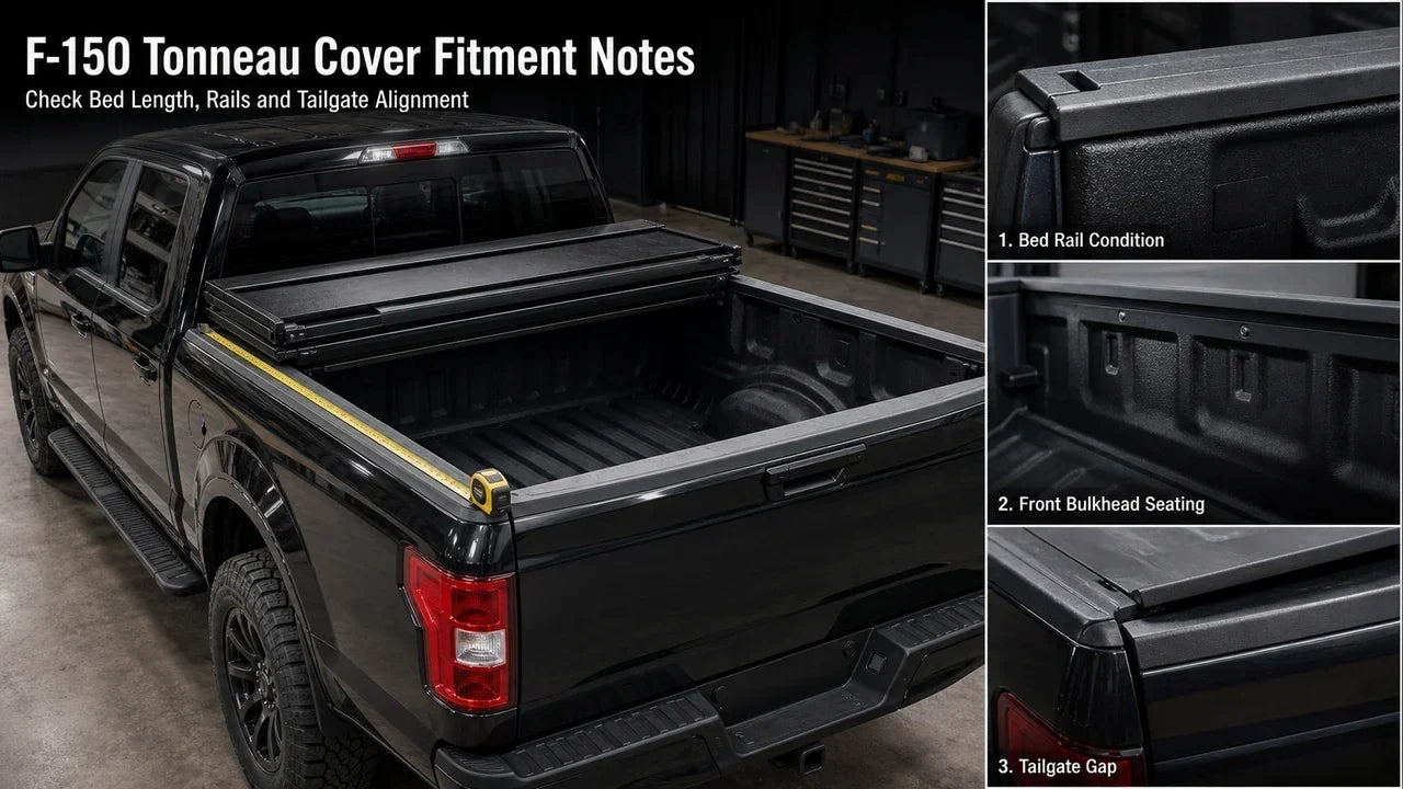 Ford F-150 tonneau cover fitment check showing bed rails, tailgate gap, and 5.5 ft bed measurement