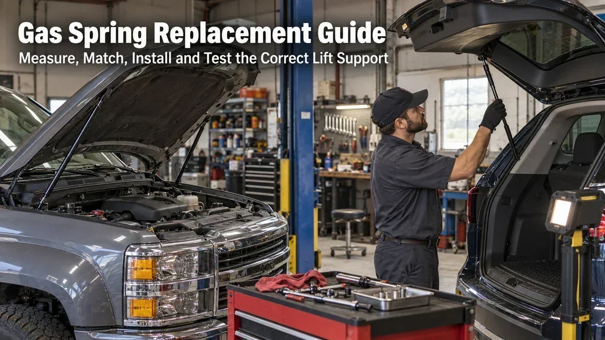 Technician inspecting gas springs on a real vehicle hood and SUV liftgate before replacement.