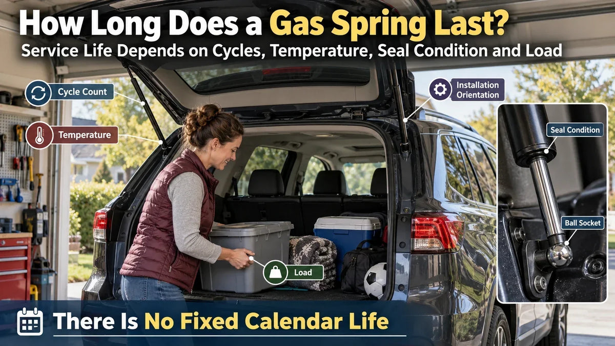 SUV liftgate supported by gas springs in a real daily-use scene, showing how cycle count, temperature, seal condition, and load affect service life.