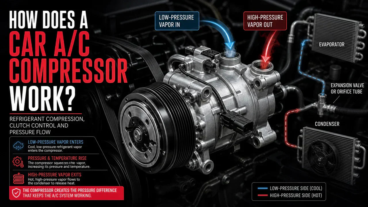 Car A/C compressor shown with pulley, electromagnetic clutch, suction and discharge ports, and high- and low-pressure refrigerant flow.